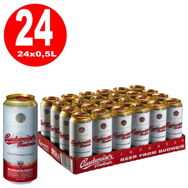 24 x Budweiser Budvar 0.5L latas 5.0% vol incluyendo depósito unidireccional