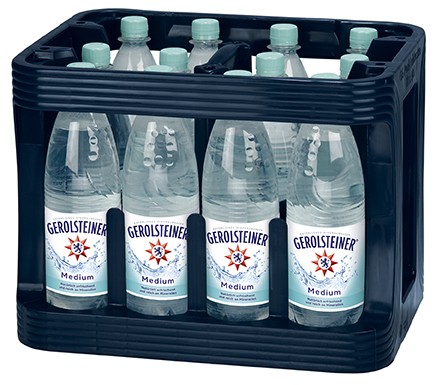 12 x Gerolsteiner Medium 1 litro de agua mineral botella PET, caja original REUTILIZABLE