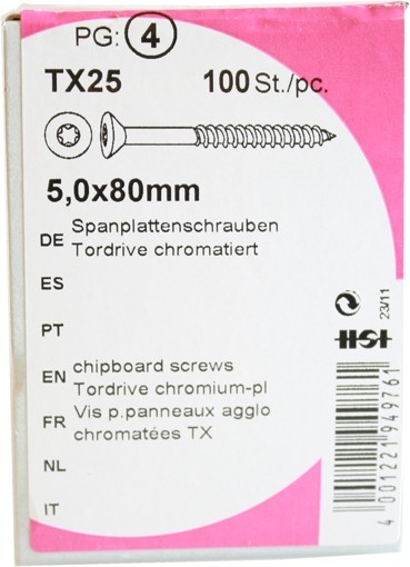 Tornillos del conglomerado puerta unidad cromado 5, 0 x 80 mm 100 KP