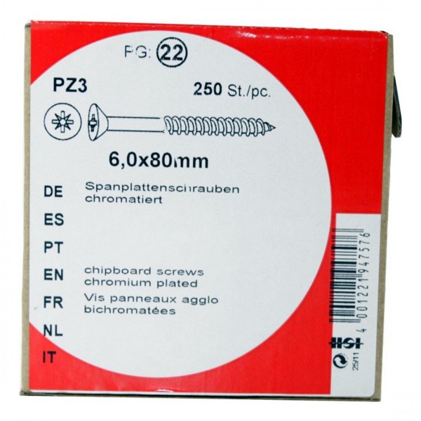 Tornillos del conglomerado Pozidrive cromado 6, 0 x 80 mm 250 de HW