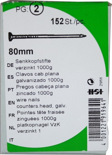 80 G de mm KP1000 galvanizado de hierro de alfileres de cabeza avellanada