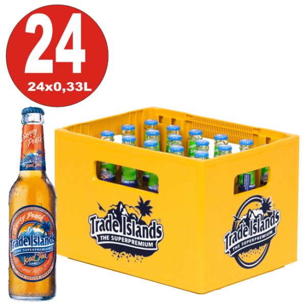 24 x Trade Islands Sunny Peach Premium Ice Tea 0.33L botella de vidrio en su caja original MULTIWAY