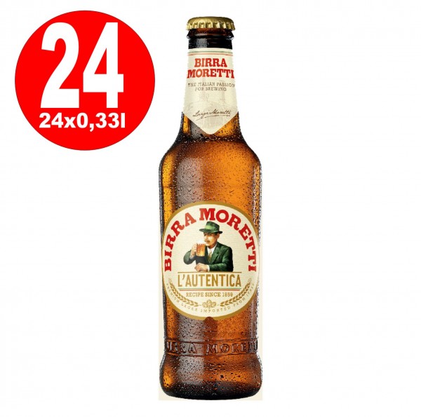 24 x Birra Moretti L'autentica 4,6% vol. botella de cartón 0.33L botella MULTI-PATH