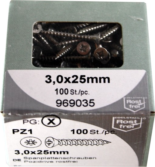 Conglomerado tornillos Pozidrive inoxidable 3, 0x25mm KP 100
