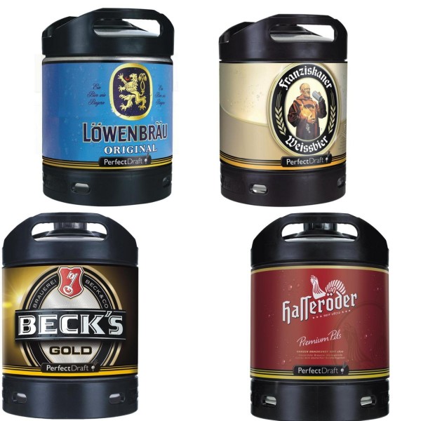 4x Cerveza Perfect Draft Diferentes variedades de 6 litros Loewenbraeu, Hasseroeder, Franziskaner , Becks Gold