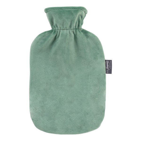 fashy 6712_60 botella de agua caliente con funda de felpa de cuello alto, verde salvia - 2 litros