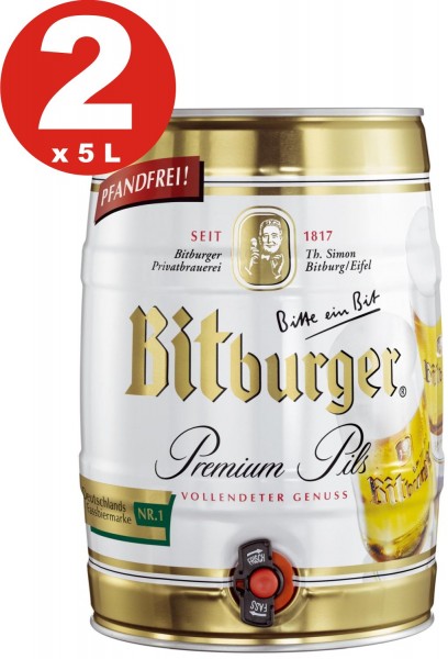 2 x Bitburger Pils premium 5 litros barril de fiesta 4,8% vol