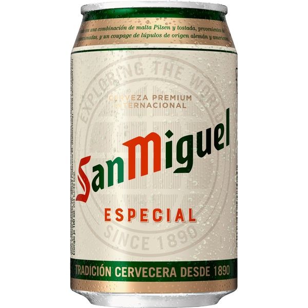 24 latas de 0,33 l. Lager especial de San Miguel, 5,4 % vol. Depósito incluido, desechable.