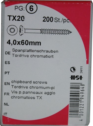 Tornillos del conglomerado puerta unidad cromado 4, 0 x 60 mm 200 KP