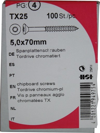 Tornillos del conglomerado puerta unidad cromado 5, 0 x 70 mm 100 KP