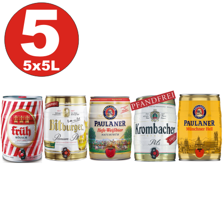 Barriles de cerveza de 5x5 litros No: 2- Krombacher, Paulaner Hefe, Münch. brillante, temprano Kölsch, Bitburger 4,8 -5%,