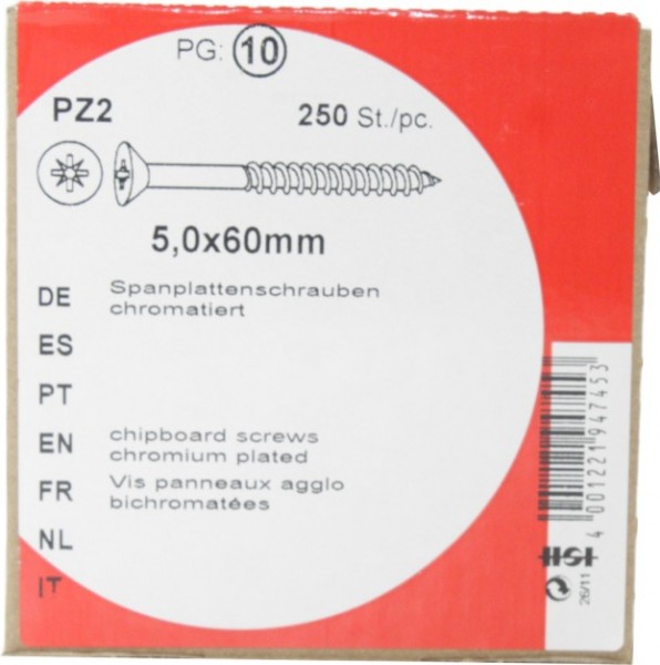 Tornillos del conglomerado Pozidrive cromado 5, 0 x 60 mm 250 de HW