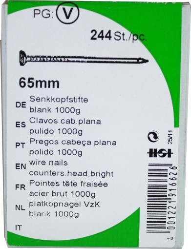 Alfileres de cabeza avellanadas en blanco 65 mm que kp1000g clavos de hierro