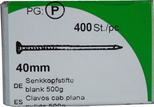Alfileres de cabeza avellanadas de hierro en blanco 40 mm KP 500 g